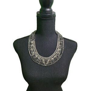 NWT Chico's Multi Strand Black Silver Beaded Bib Statement Necklace Boho Modern